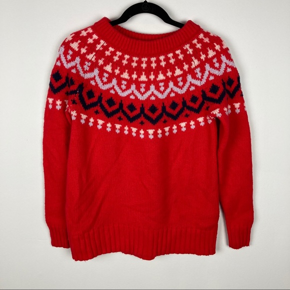 J. Crew Fair Isle Cerise Red Merino Wool Chunky Sweater - Picture 4 of 12